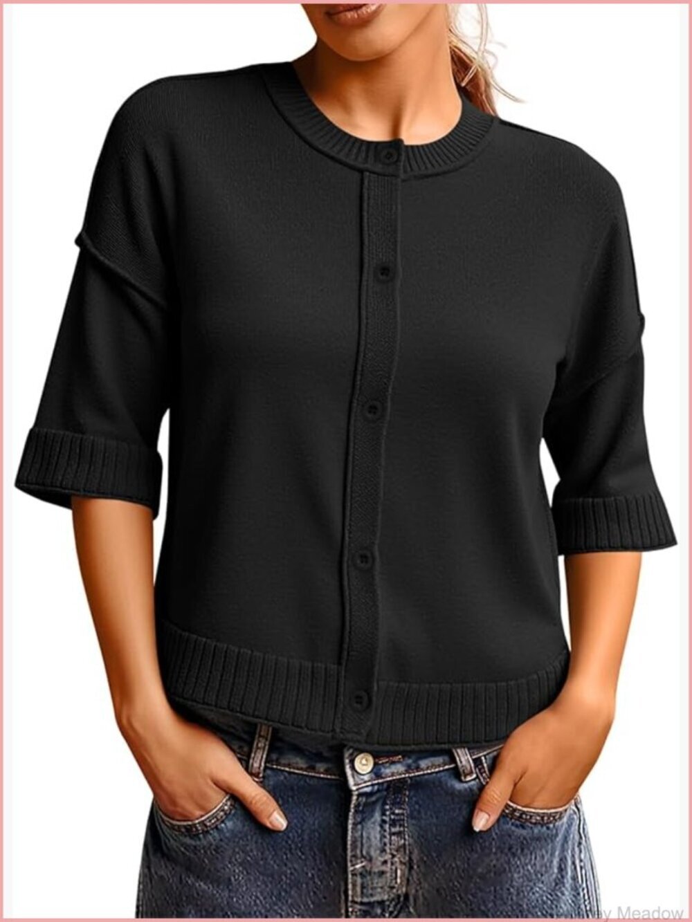 3/4 Sleeve Button Down Cardigan Cropped Knit Sweater